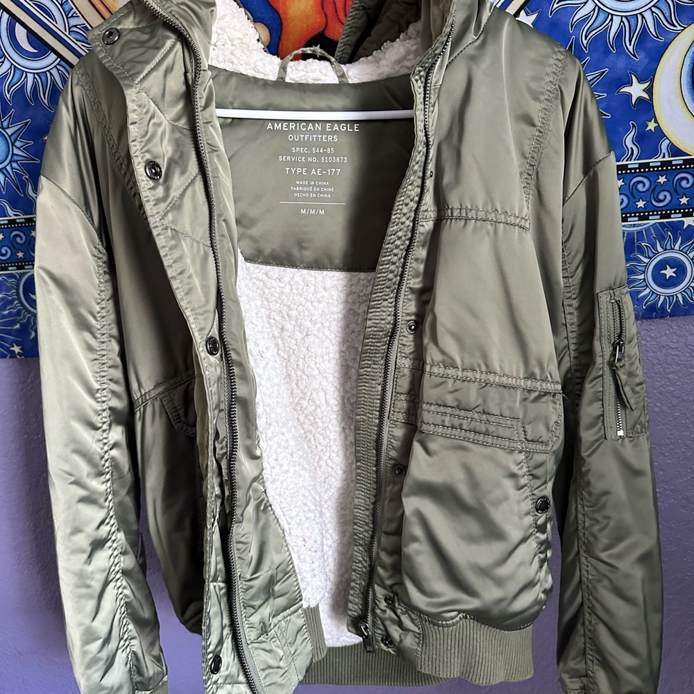American Eagle Outfitters Olive Puffer with Sherpa Jacket